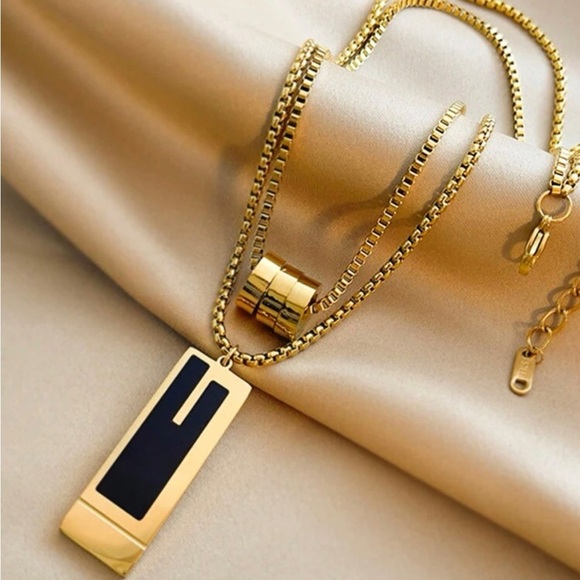 Gold Plated Stainless Steel Bar Layered Ring Pendant Necklace - Picture 1 of 2